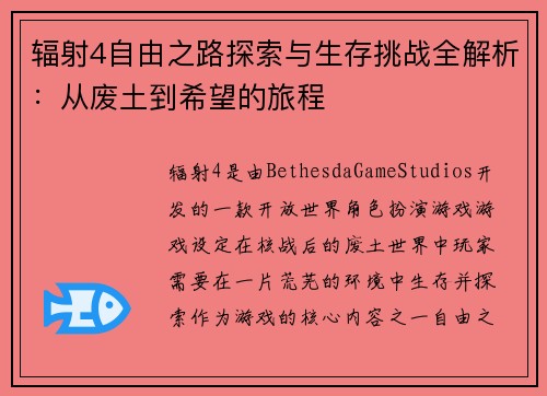 辐射4自由之路探索与生存挑战全解析：从废土到希望的旅程